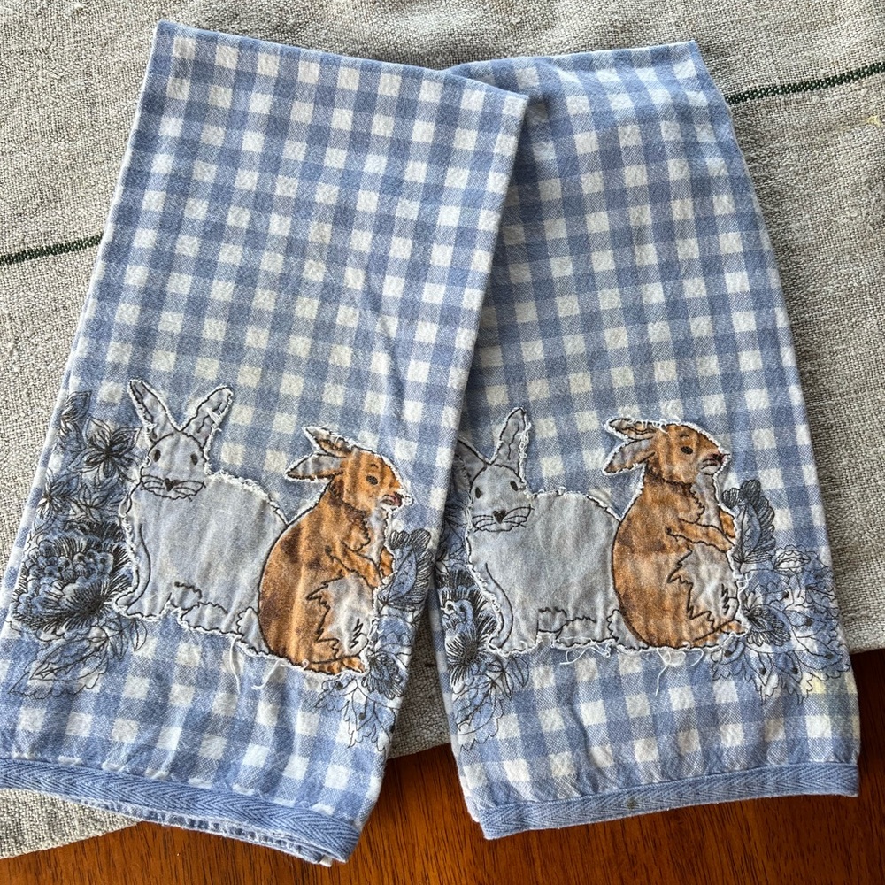 Blue Checkered Tea Towels with Rabbit Design